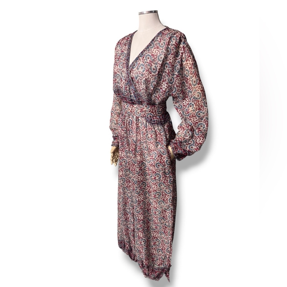 VINTAGE 70's India Gauze Harem Jumpsuit Floral Pattern Silver Metallic Threads